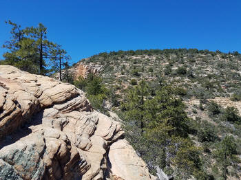 Trail ascends to the top of the fourth peak.  Note the rock steps at the far end of the trail. 